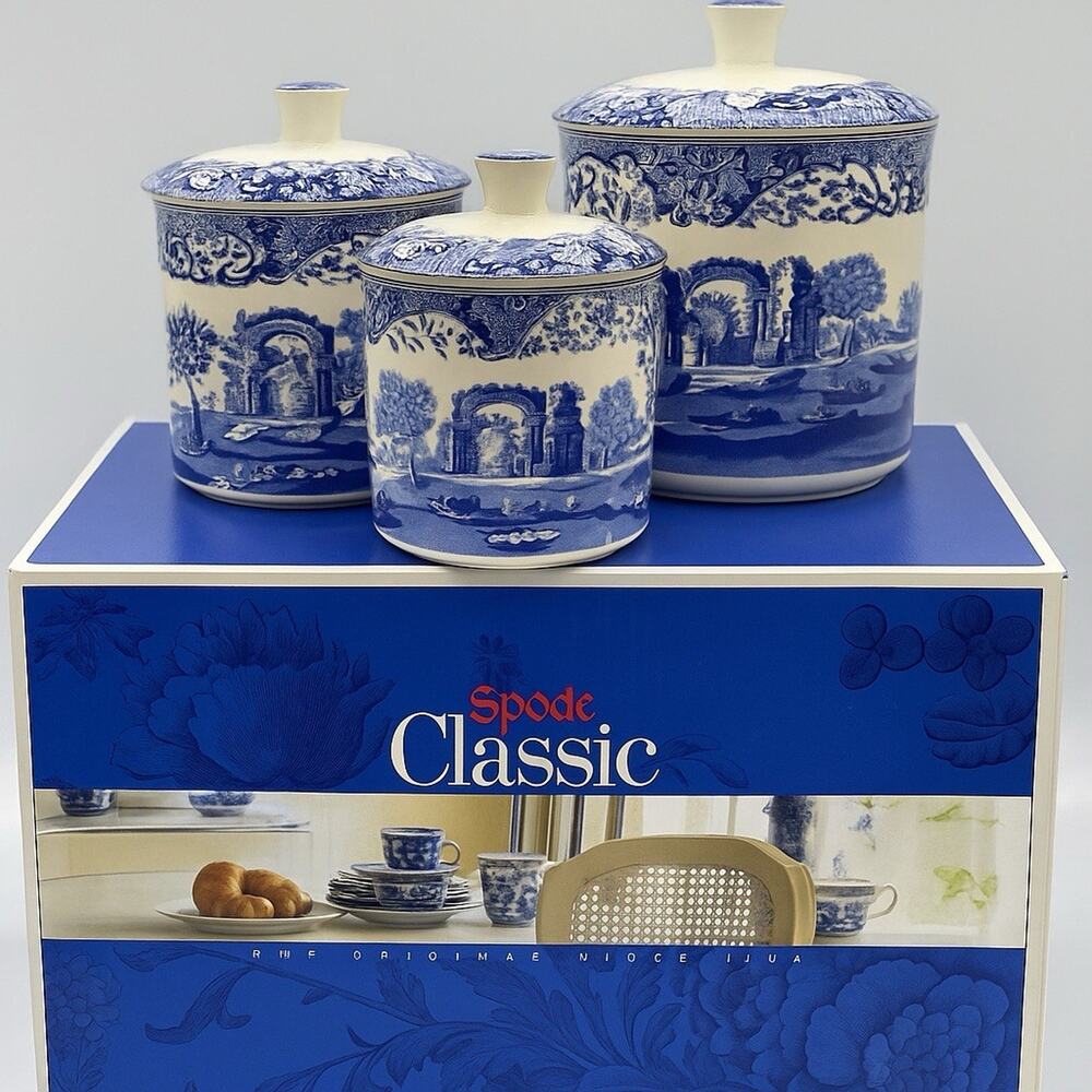 Spode Blue Italian Canister Set 3pc Vintage Classic New in Box Unused